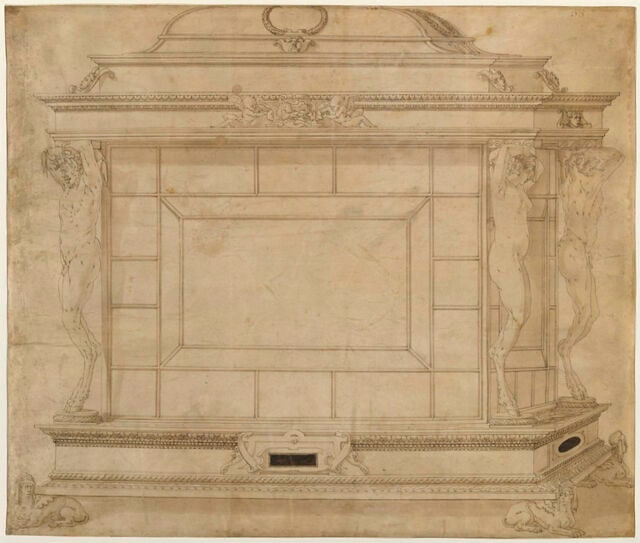 Projet de coffret posé sur des sphinges cantonné de satyres et de satyresses et portant dans la partie supérieure la salamandre emblématique de François 1er