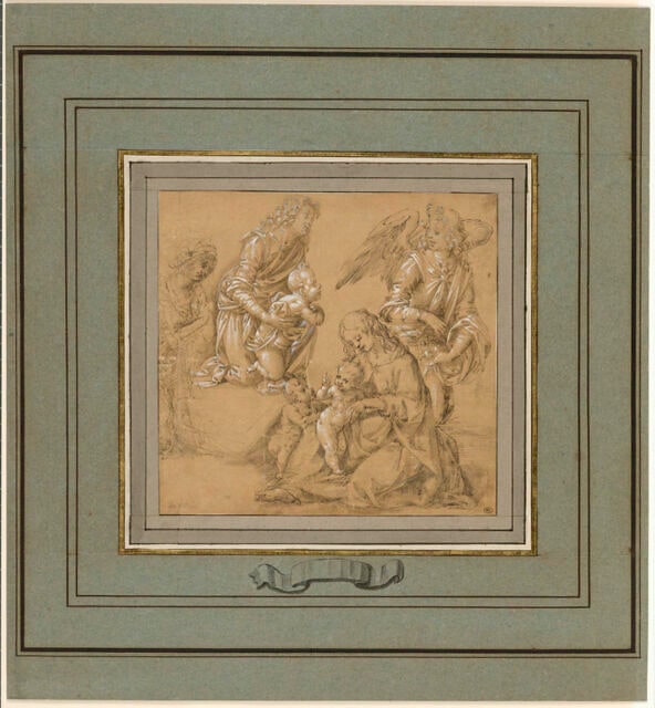 Vierge à l'Enfant avec le petit saint Jean ;  un ange ; et autres figures