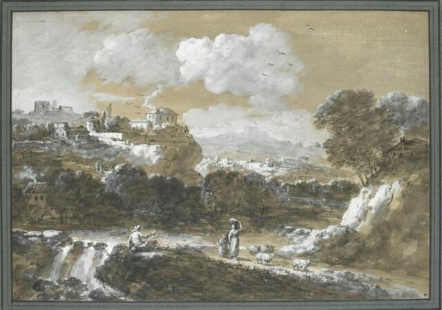 Paysage avec un pêcheur, une femme et un enfant près d'une cascade