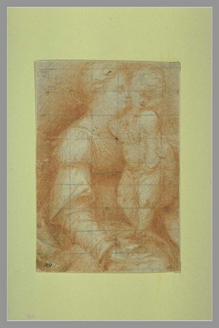 La Vierge de profil, à mi corps, tenant l'Enfant Jésus debout sur ses genoux
