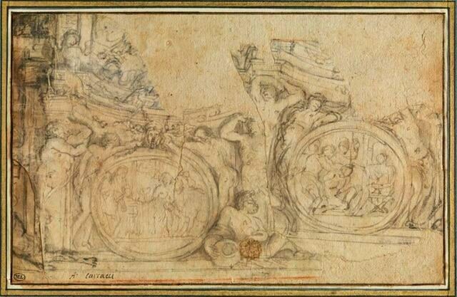 Projet de décoration avec des atlantes et des fleuves entourant des...