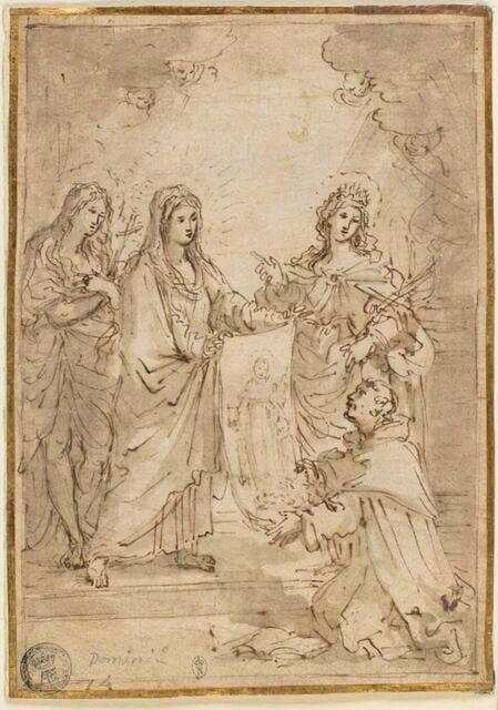 Vierge entourée de sainte Catherine et de sainte Marie Madeleine présentant à un religieux l'image de saint Dominique : Le miracle de Soriano