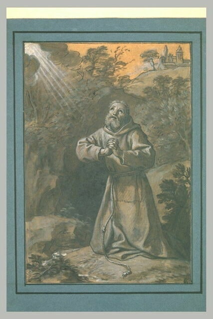 Religieux franciscain en prière dans un paysage