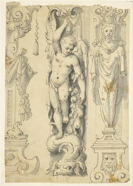Etudes d'ornementations architecturales, avec un ange entre des cariatides