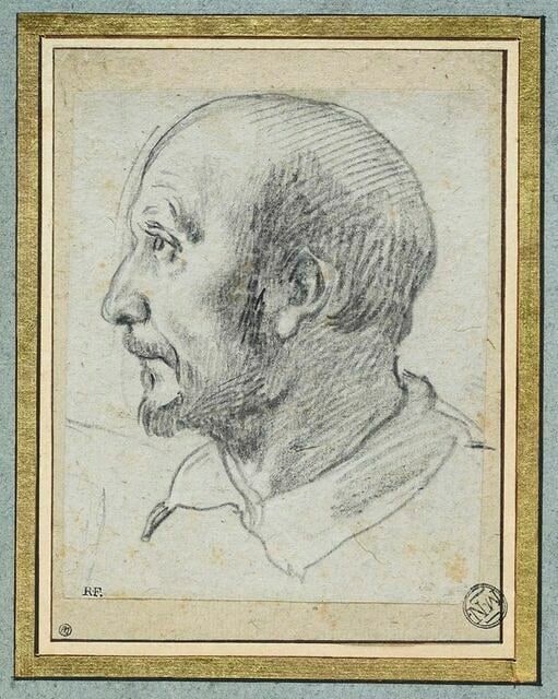 Tête d'homme chauve et moustachu, de profil vers la gauche