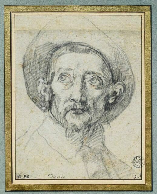Tête d'homme, vue de face, avec chapeau à larges bords
