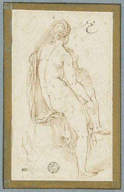 Une femme nue, assise, tournée vers la droite, vue de dos