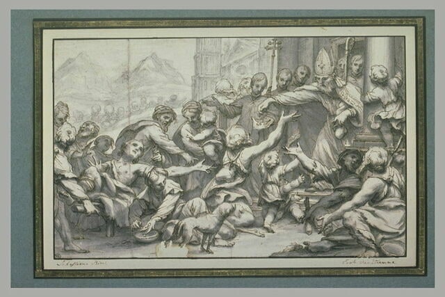 Un évêque faisant l'aumône à une foule de pauvre