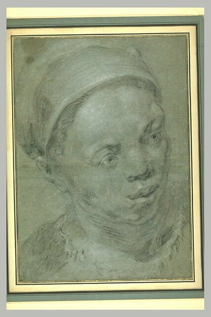 Etude d'une tête de personnage noir, coiffée d'un bonnet et vue de face