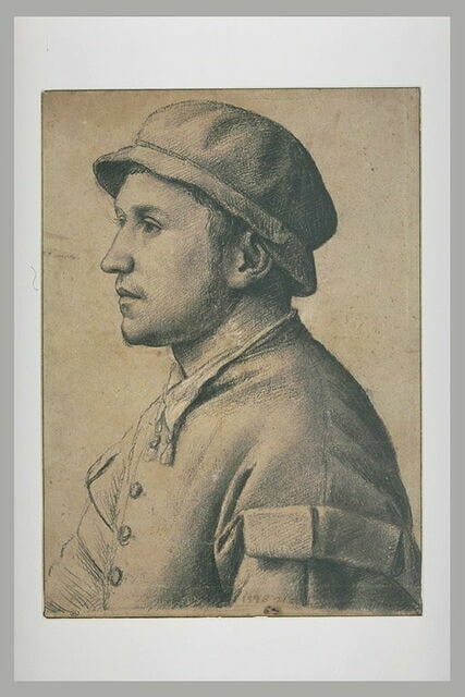 Buste de jeune homme, vu de profil, coiffé d'un bonnet