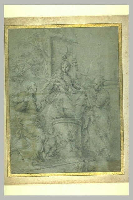 Saint Jean-Baptiste et saint Jacques adorant la Vierge à l'Enfant trônant
