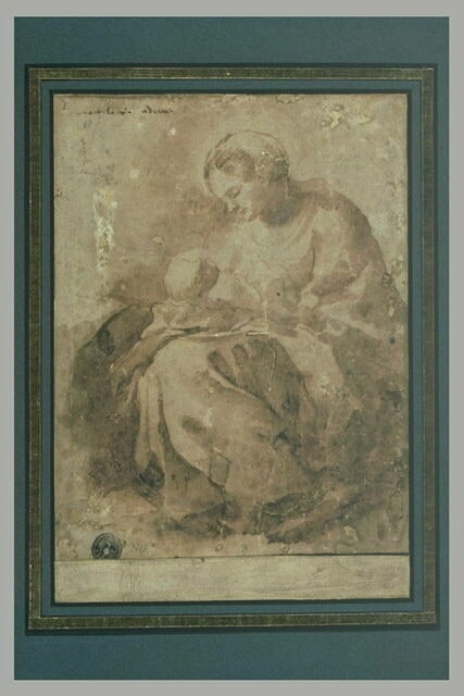 La Vierge, assise, contemplant l'Enfant