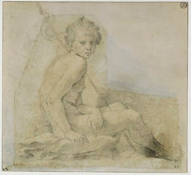Saint Jean-Baptiste nu, assis, de profil vers la droite, la tête de face