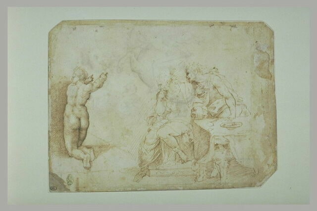 Femme nue agenouillée vue de dos ; deux hommes drapés tournés vers ...