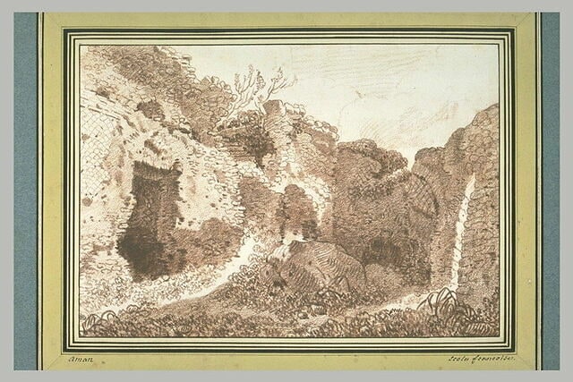 Paysage : étude des ruines d'un amphithéâtre