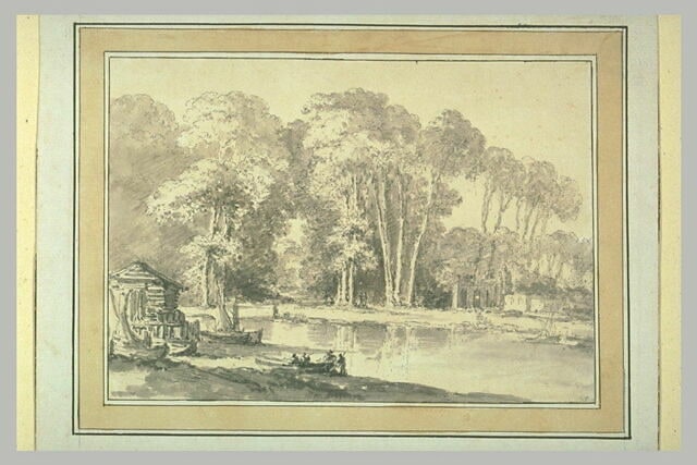 Barque sur une rivière, près d'une forêt