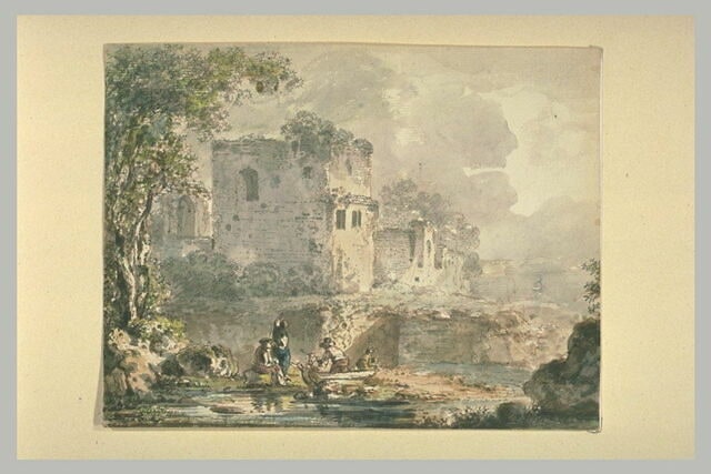 Paysage avec une barque de pêcheurs sur une rivière et des ruines