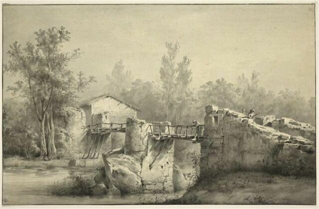 Paysage : passerelle jetée sur les piles d'un pont en ruines