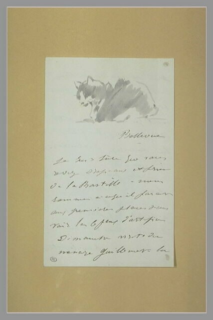Chat couché, tourné vers la gauche, décorant une lettre à Isabelle Lemonnier