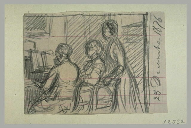Deux figures près d'une femme jouant du piano