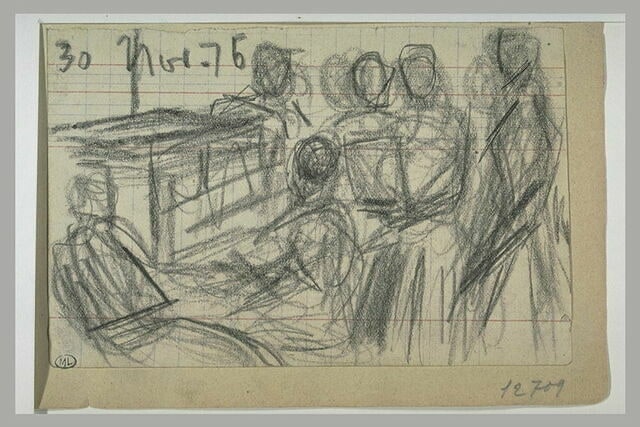 Pianiste entourée de diverses figures, dont une tient une partition