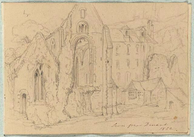 Vue d'une église à demi en ruines, et d'un édifice attenant
