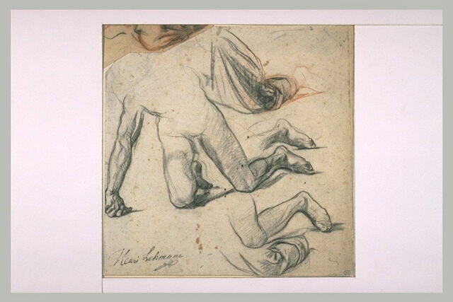 Feuille d'études avec une figure nue, reprises de jambes, et croquis de plis