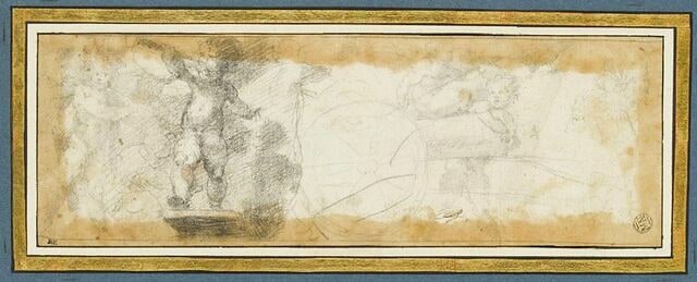 Putti  jouant autour d'un canon ; femme de profil vue en buste