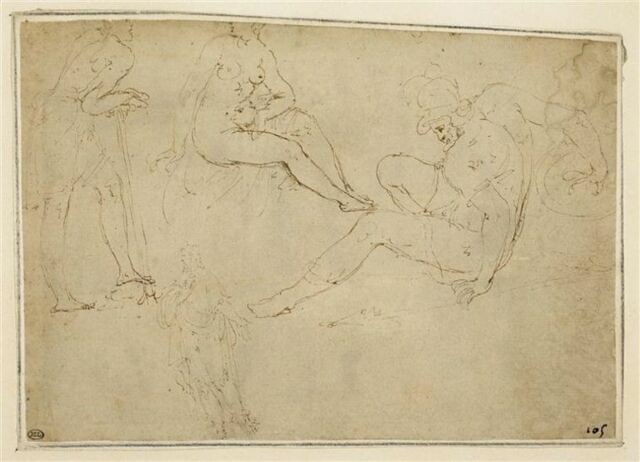 Guerrier ; femme nue, assise ; figure s'appuyant sur un baton ; homme drapé