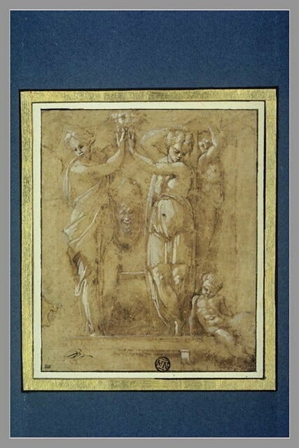 Décoration architecturale : deux cariatides, un terme et un enfant