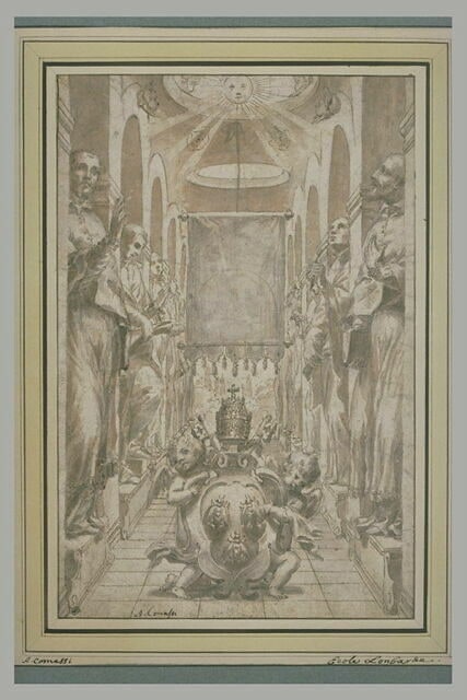 Armoiries d'Urbain VIII, portées par des anges à travers une haie de saints
