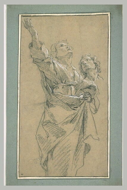 Homme debout, drapé, et tête d'un autre homme