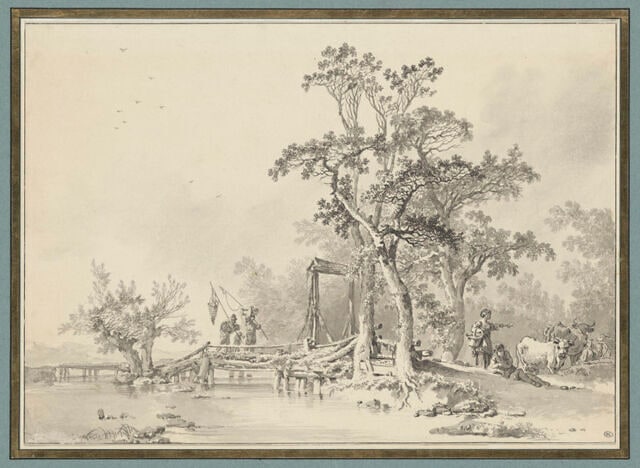 Paysage au bord d'une rivière avec des pêcheurs passant sur un pont