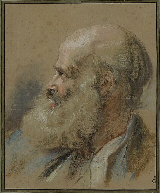 Tête de vieillard chauve avec une longue barbe, la bouche ouverte, de profil.