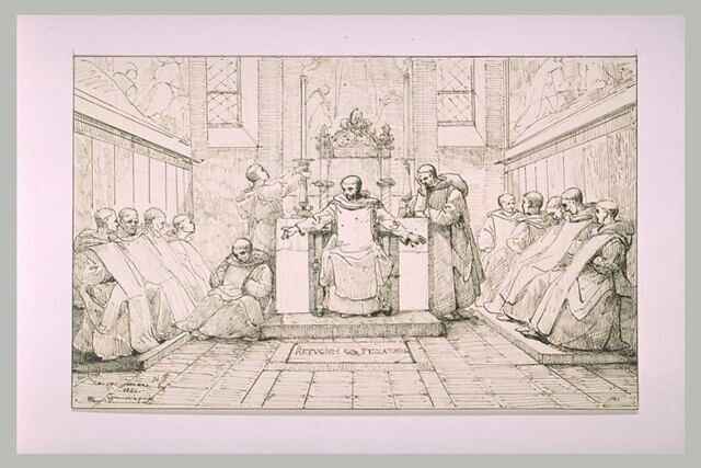 Moines assis, prêchant, au milieu d'autres moines