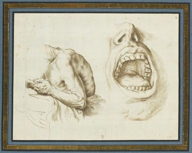 Etude d'une figure vue de profil et à mi-corps et d'une bouche ouverte
