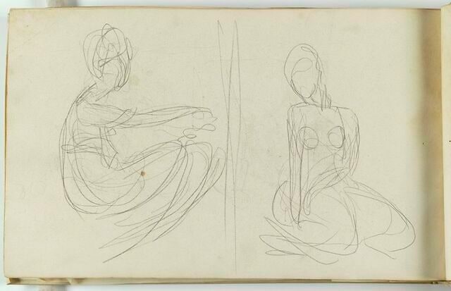 Femme assise, de profil ; femme assise sur ses genoux