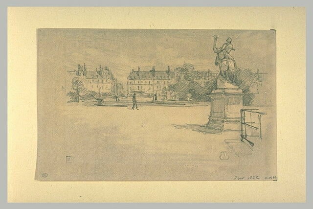 Vue prise dans le jardin des Tuileries, avec à droite le groupe sculpté du centaure Nessos enlevant Déjanire par Laurent Honoré Marqueste (1848-1920)