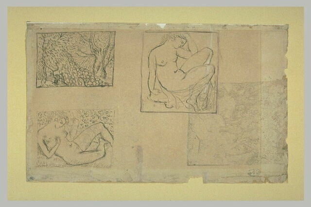 Feuille d'études : berger avec son troupeau de moutons et nus féminin
