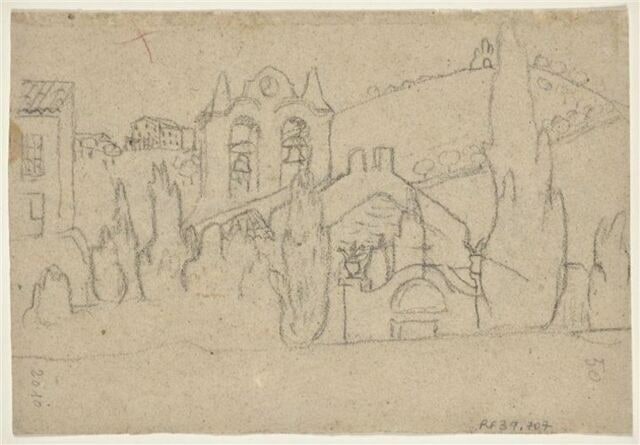 Eglise au clocher 'peigne', entouré de cyprès