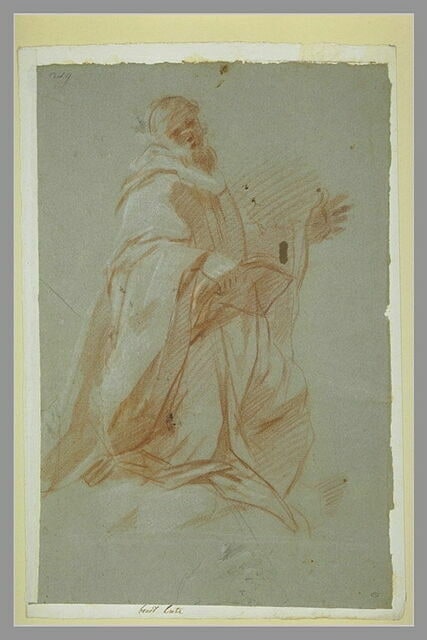 Homme drapé, à genoux, tenant un livre : un moine ? Croquis de main