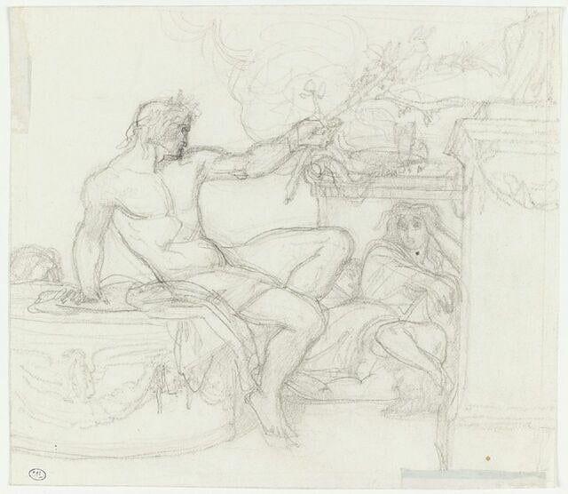 Bacchus assis sur la base d'une colonne près d'une figure assise