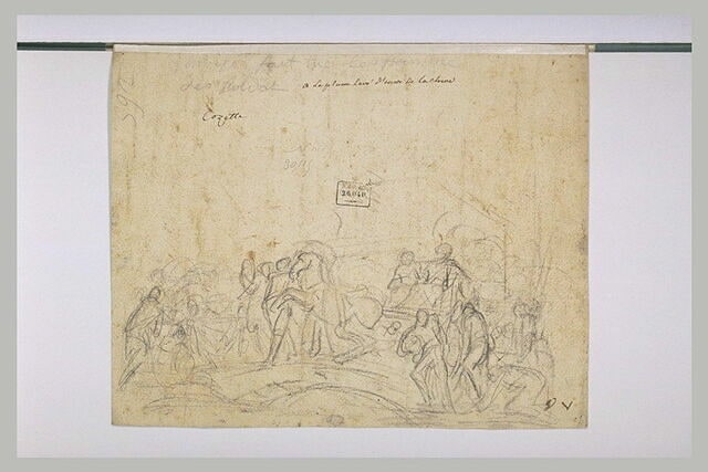 Etude d'un groupe de figures dont des soldats sur un char