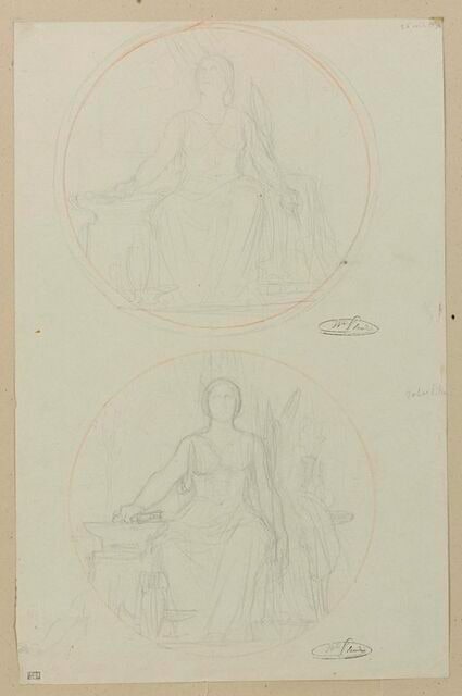 Deux études de femme assise, dans un médaillon, allégorie de l'Industrie