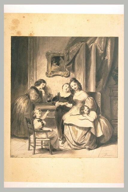 Dans une pièce une jeune femme assise sur une chaise, entourée d'enfants