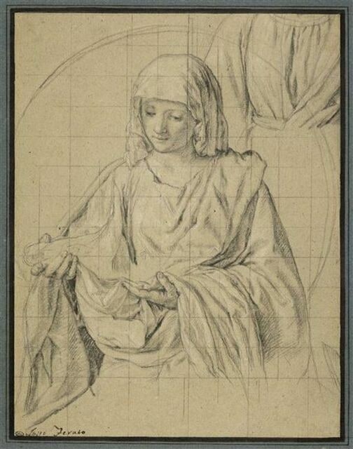 Femme la tête couverte d'un voile tenant la Sainte Face : sainte Véronique