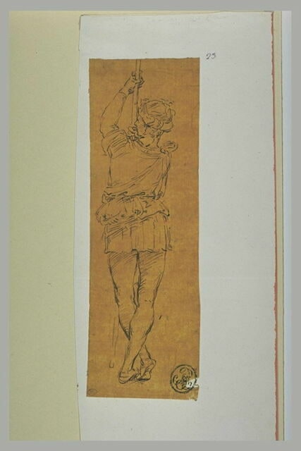 Homme vu de dos : un écuyer dans l'Adoration des Mages