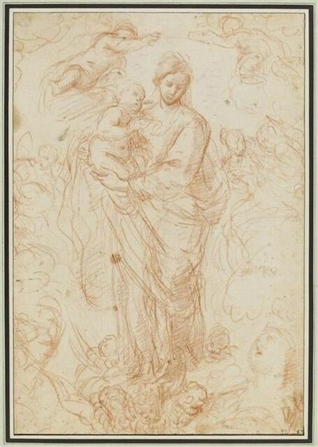 La Vierge et l'Enfant Jésus portés par des anges