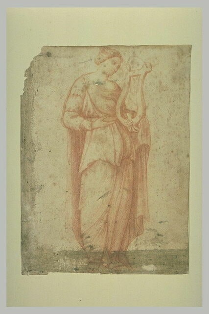 Femme drapée, débout, légèrement tournée à droite, tenant une lyre
