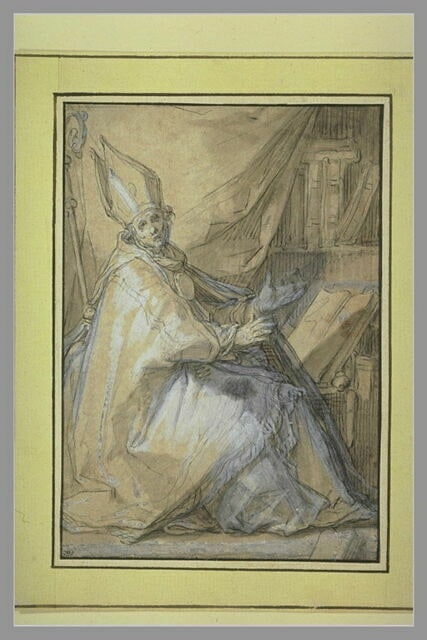 Portrait d'un évêque, assis devant un livre ouvert